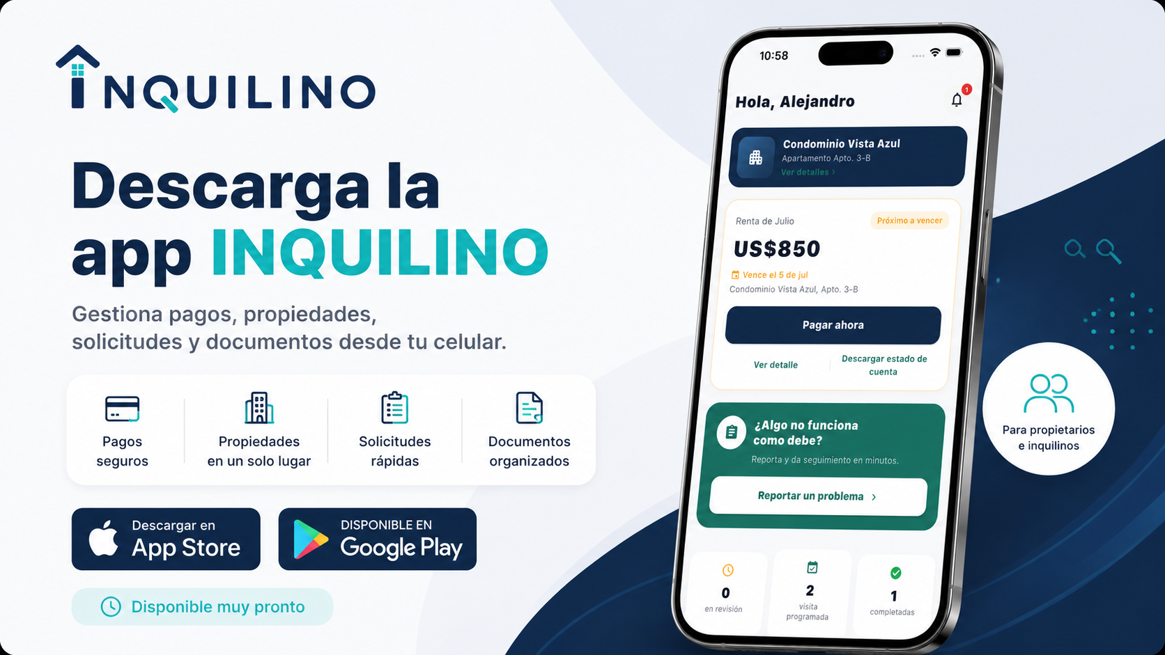 Vista completa de la aplicación INQUILINO en un teléfono móvil